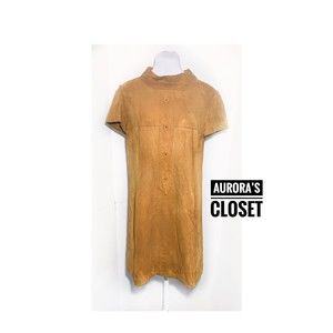 Suede Dress L Camel Brown Short Sleeve Shift Button Down High Neck